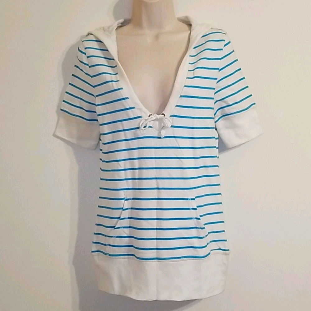 Max Rave women's white& blue stripe hooded top